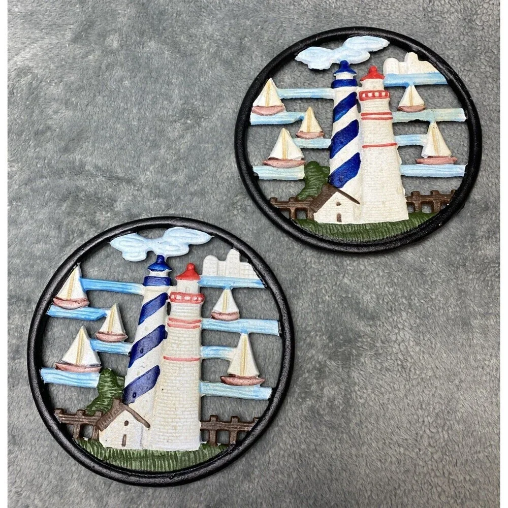 Vintage Lighthouse Sailboat Cast Iron Round Trivet Pot Holder(sold separately)